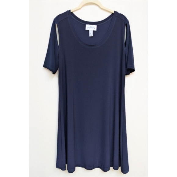 Joseph Ribkoff Navy Blue Silky Knit Cutout Short Sleeve Midi Dress Size 8 - Picture 1 of 9
